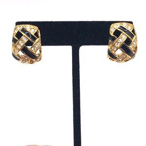 Swarovski Swan Logo Gold Tone Black Enamel Crystal Pierced Earrings